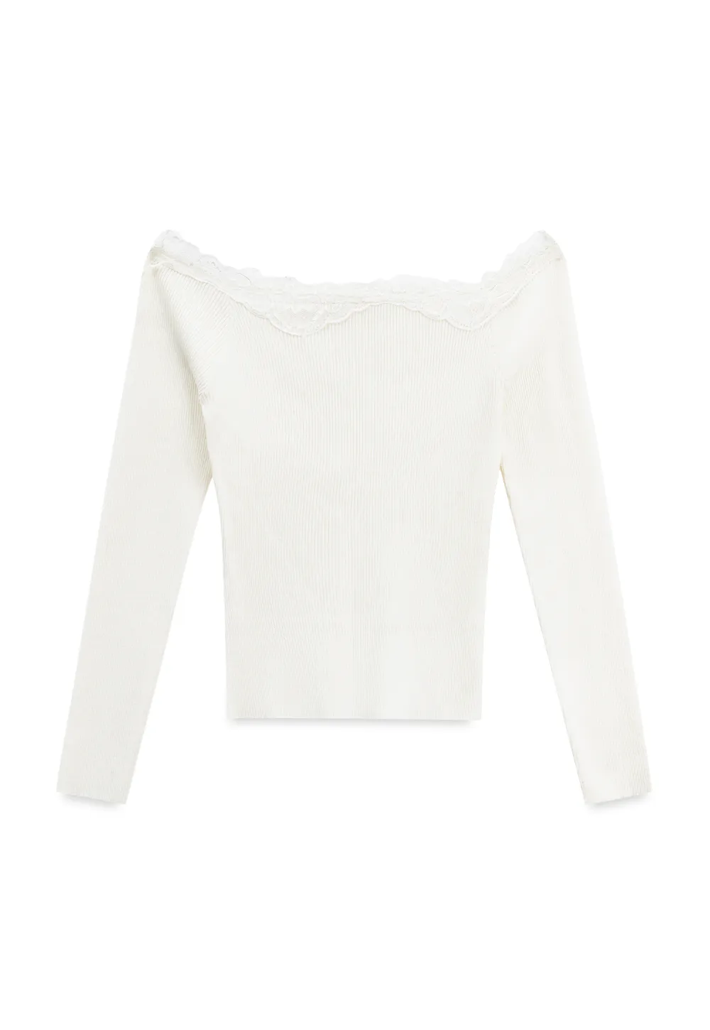 Lace Trim Off Shoulder Ribbed Knit Sweater