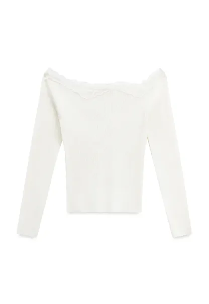 Lace Trim Off Shoulder Ribbed Knit Sweater