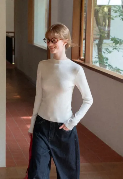 High Neck Long Sleeve Wool Knit Sweater