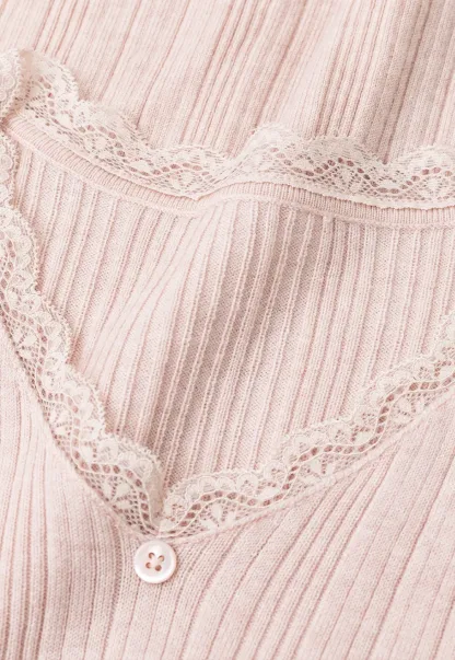 Lace Trim V Neck Ribbed Knit Sweater