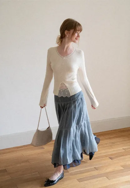 Lace Trim V Neck Ribbed Knit Sweater