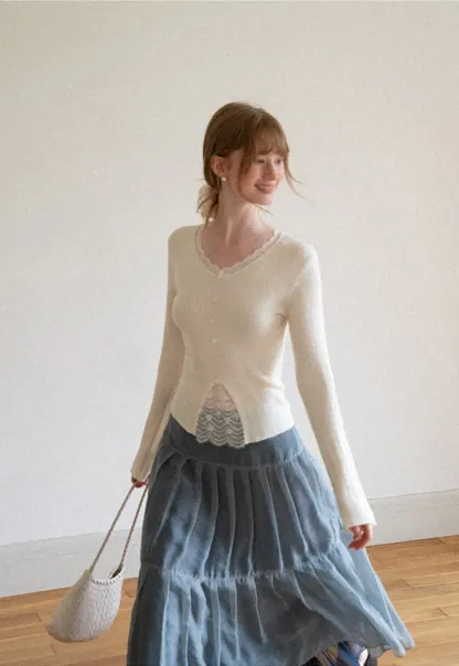 Lace Trim V Neck Ribbed Knit Sweater