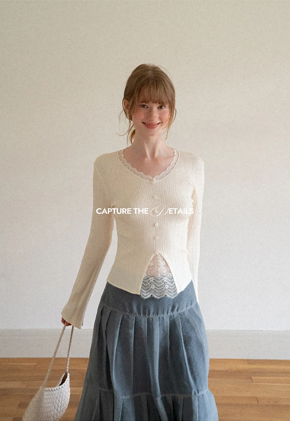 Lace Trim V Neck Ribbed Knit Sweater