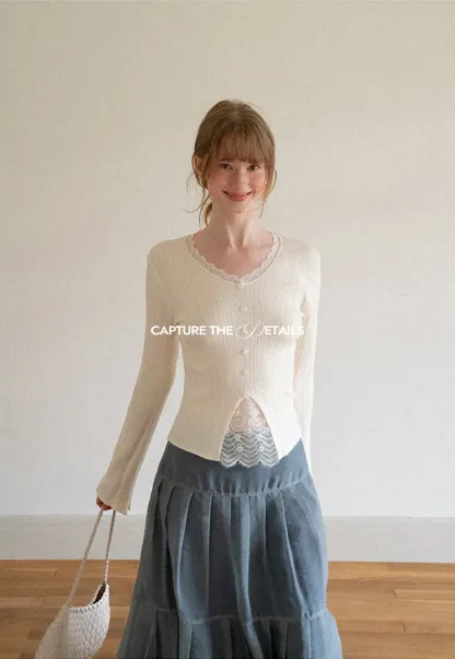 Lace Trim V Neck Ribbed Knit Sweater