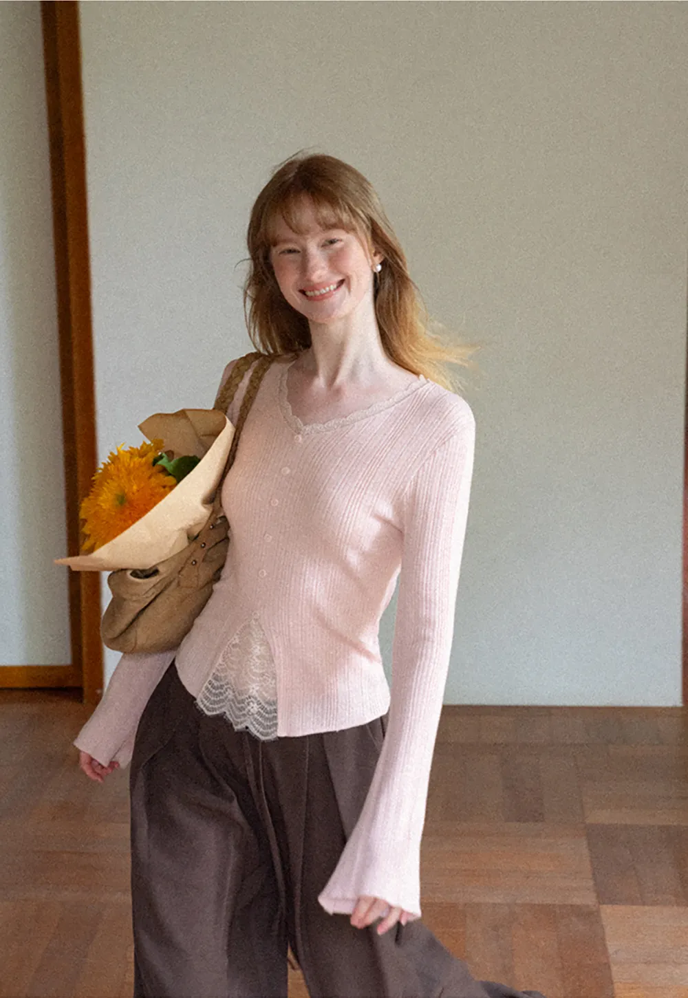 Lace Trim V Neck Ribbed Knit Sweater