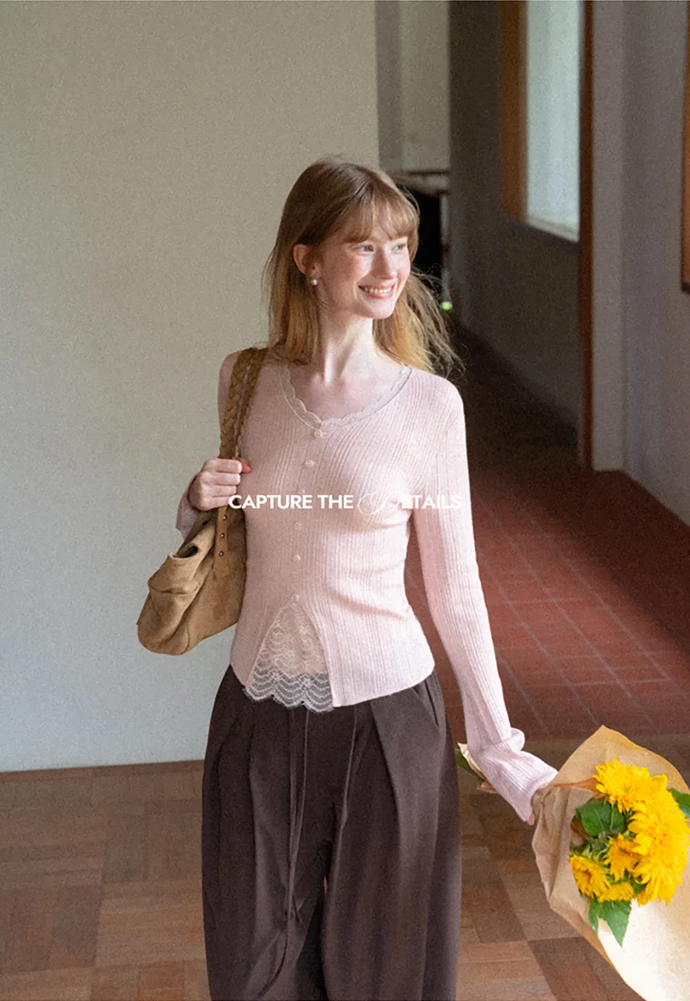 Lace Trim V Neck Ribbed Knit Sweater