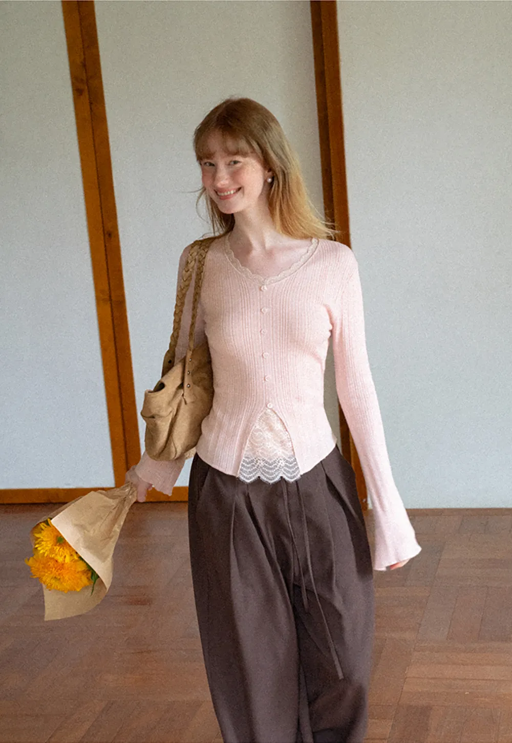 Lace Trim V Neck Ribbed Knit Sweater
