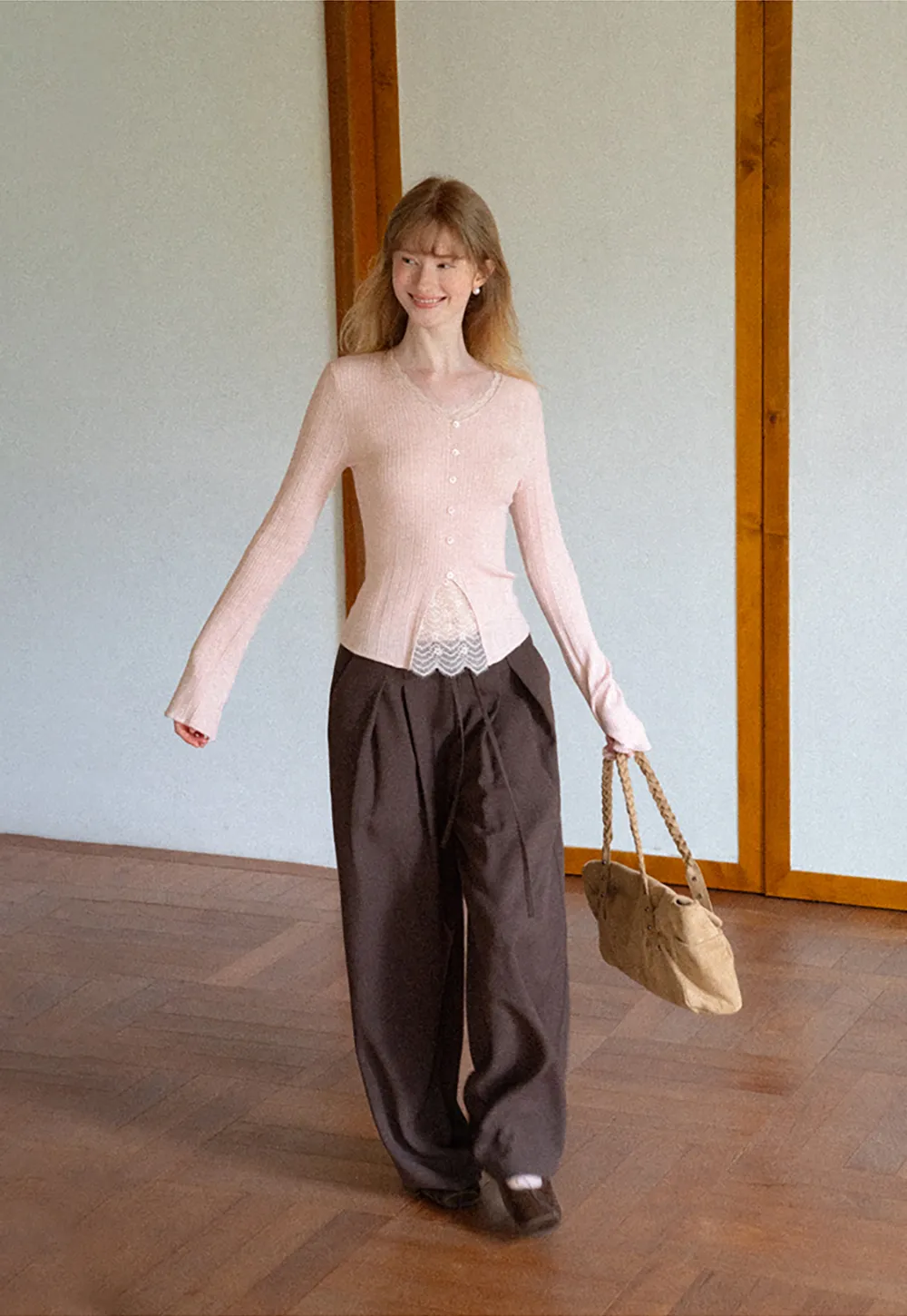 Lace Trim V Neck Ribbed Knit Sweater