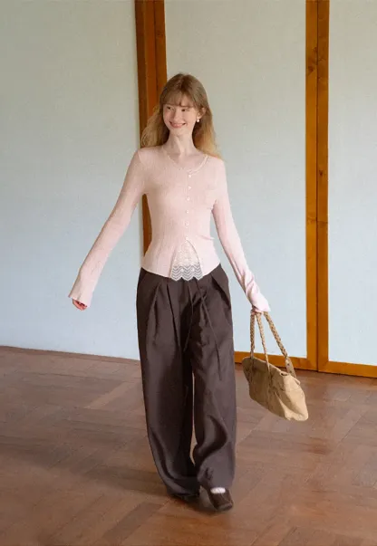 Lace Trim V Neck Ribbed Knit Sweater