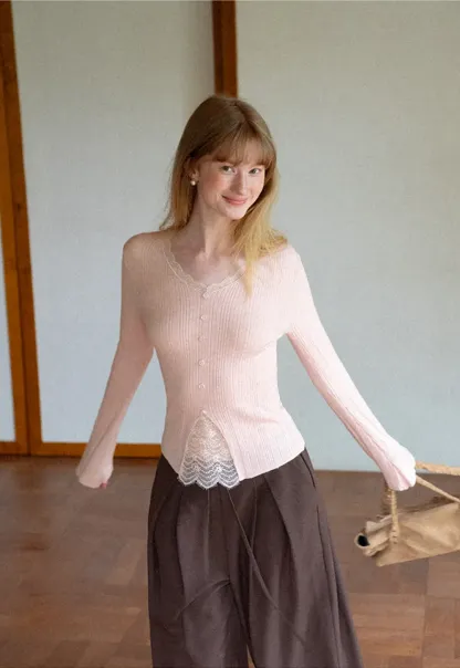 Lace Trim V Neck Ribbed Knit Sweater