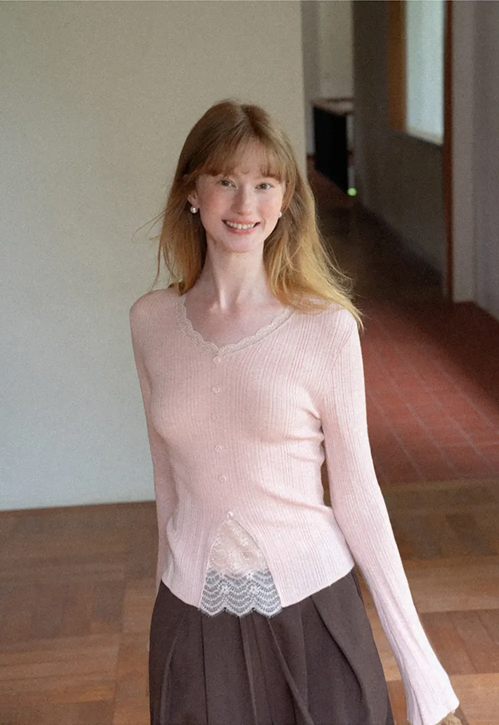 Lace Trim V Neck Ribbed Knit Sweater