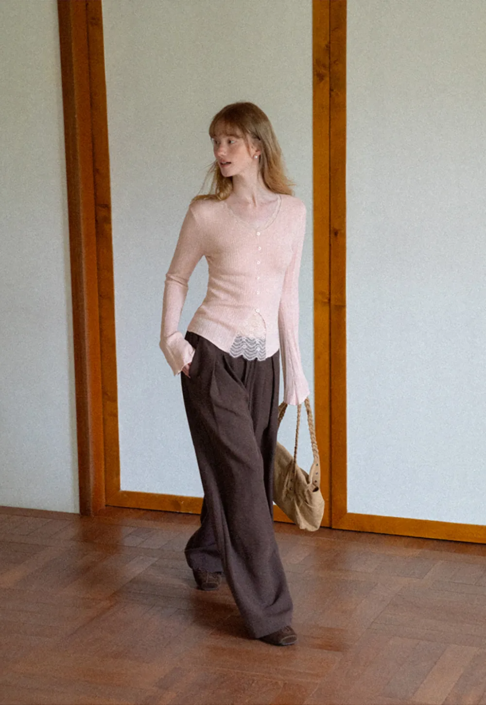 Lace Trim V Neck Ribbed Knit Sweater