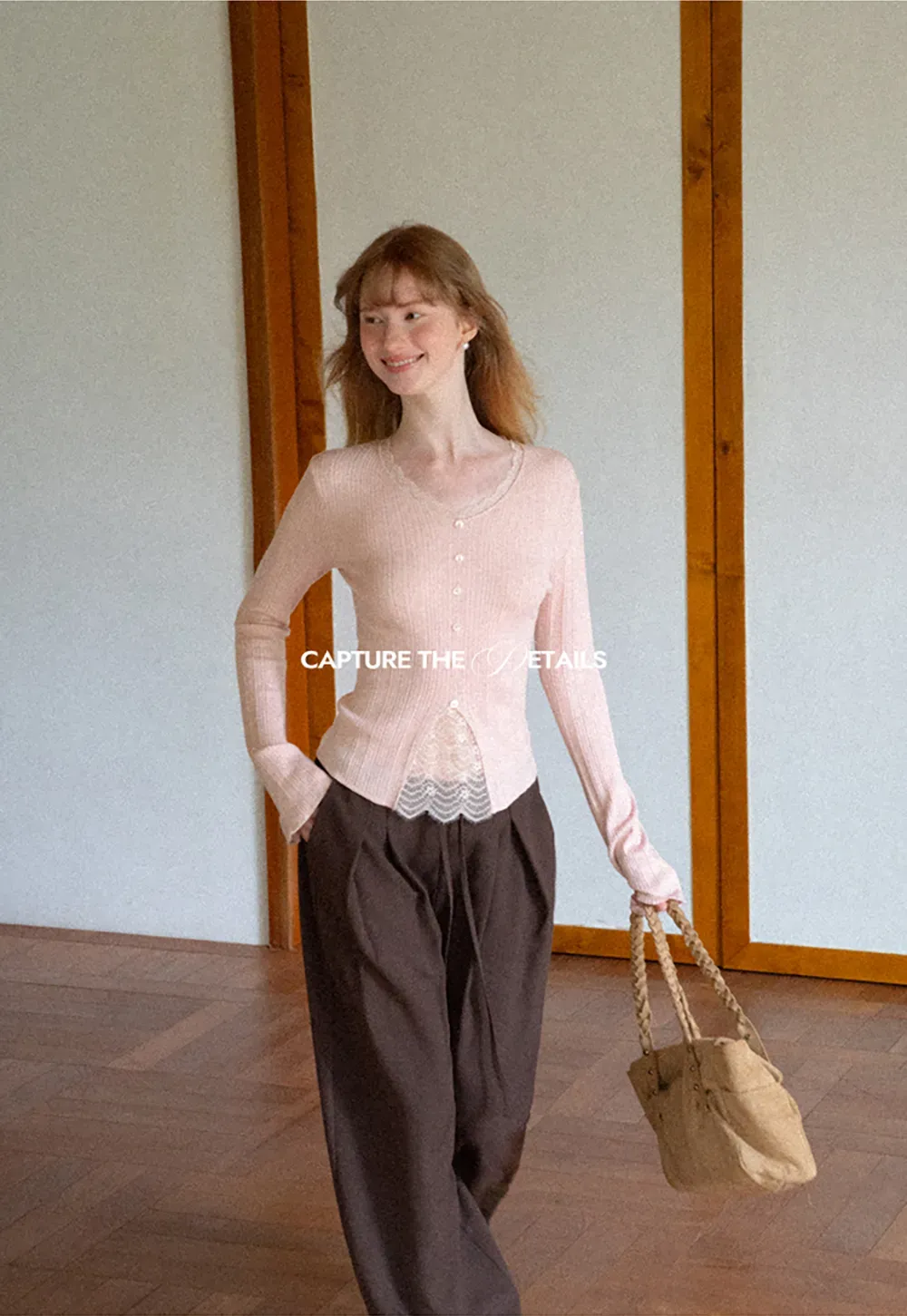 Lace Trim V Neck Ribbed Knit Sweater