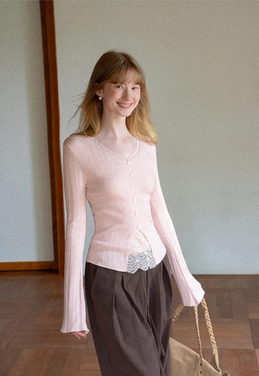 Lace Trim V Neck Ribbed Knit Sweater