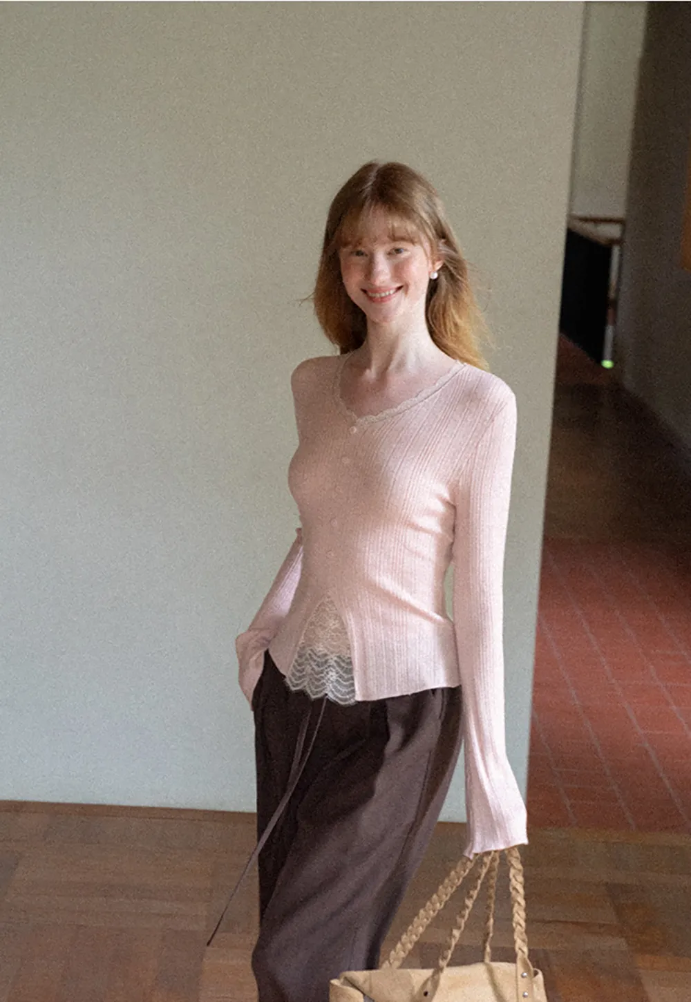 Lace Trim V Neck Ribbed Knit Sweater