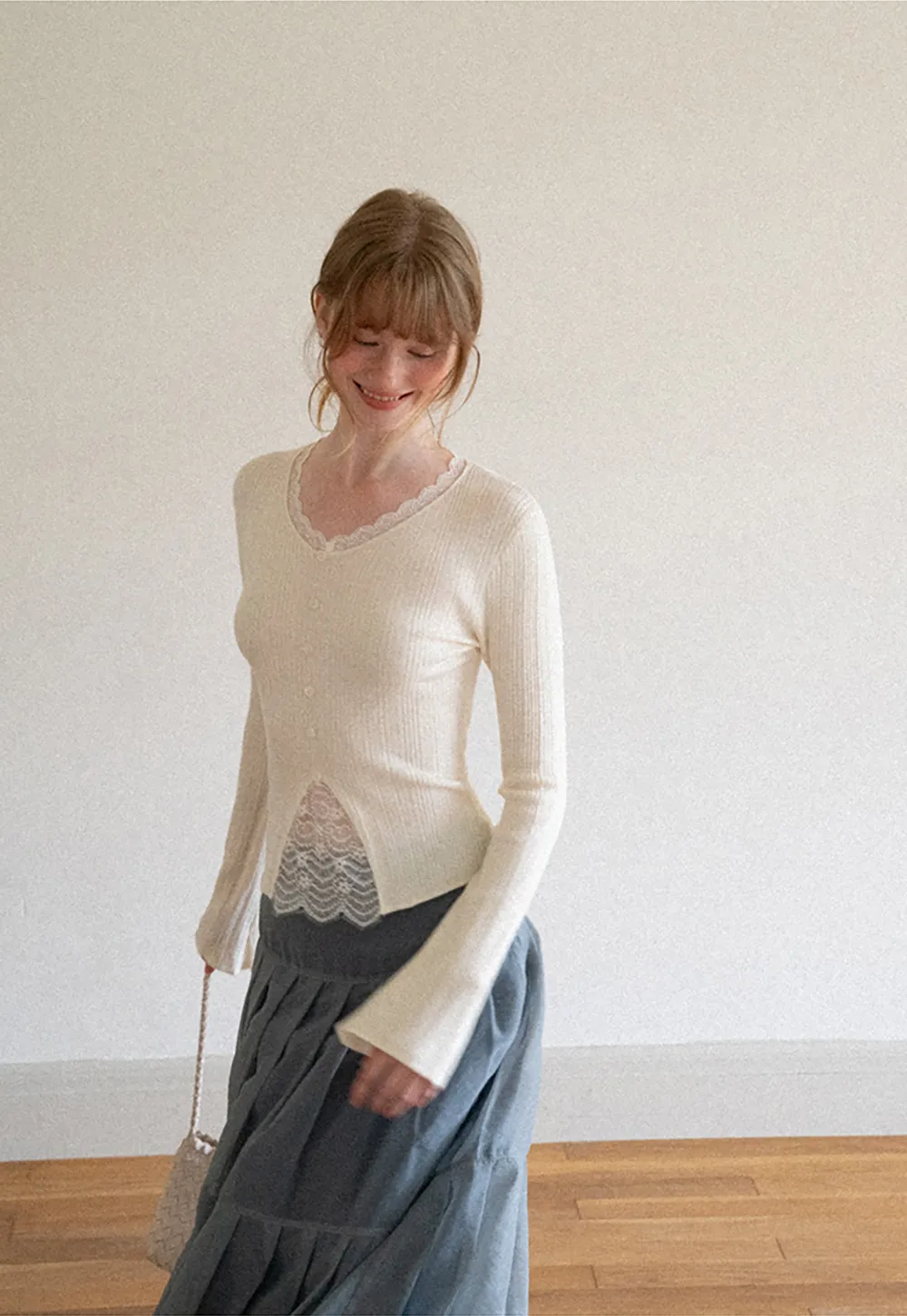 Lace Trim V Neck Ribbed Knit Sweater