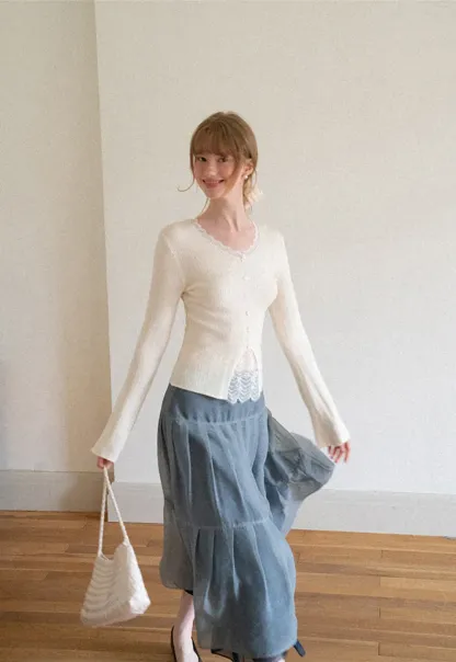 Lace Trim V Neck Ribbed Knit Sweater