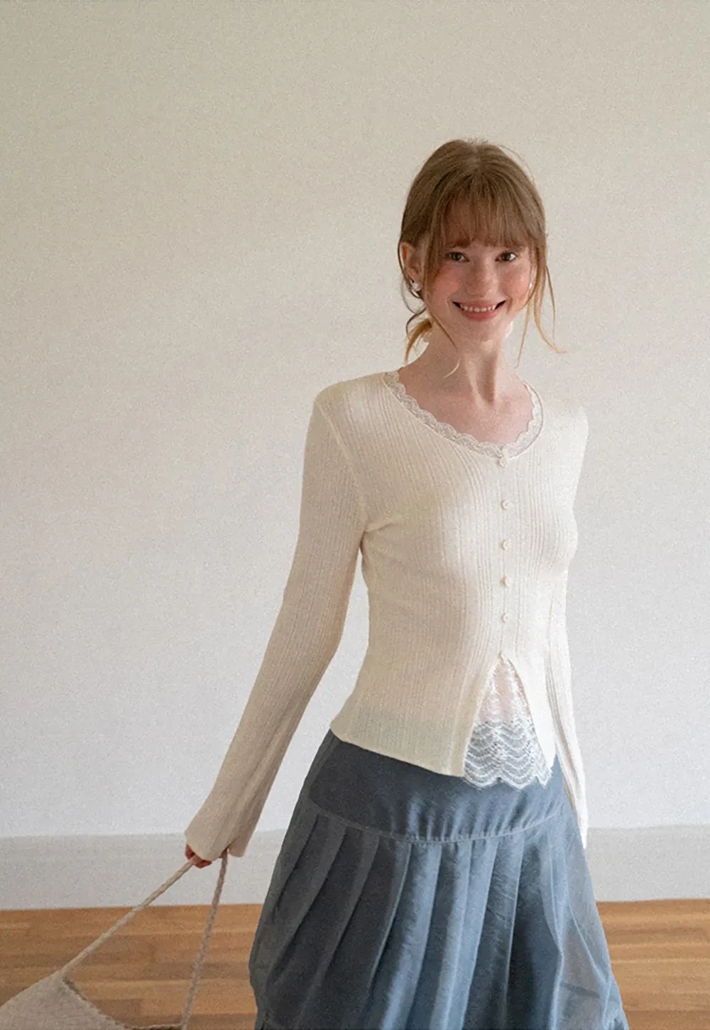 Lace Trim V Neck Ribbed Knit Sweater