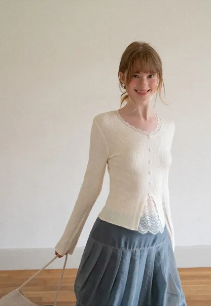 Lace Trim V Neck Ribbed Knit Sweater