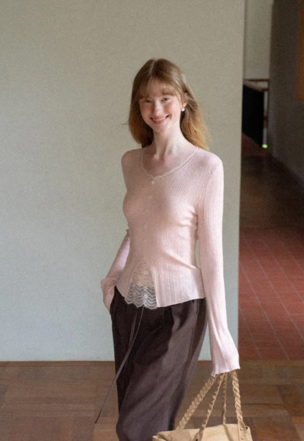 Lace Trim V Neck Ribbed Knit Sweater