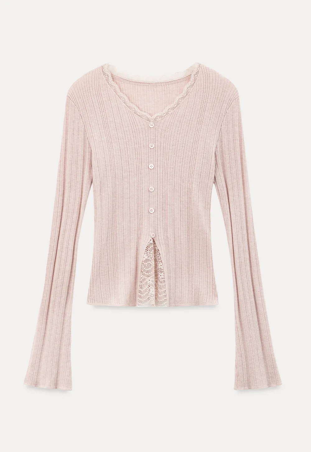 Lace Trim V Neck Ribbed Knit Sweater