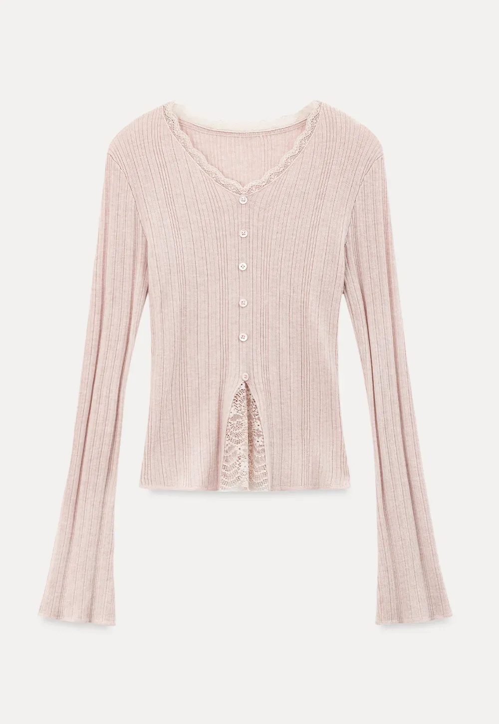 Lace Trim V Neck Ribbed Knit Sweater