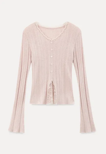 Lace Trim V Neck Ribbed Knit Sweater