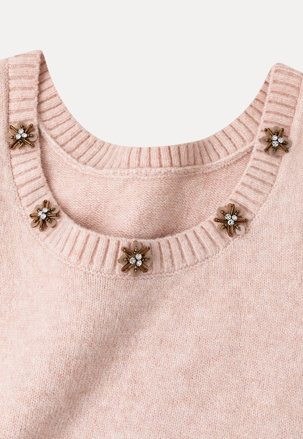Pearl Embellished V Neck Ribbed Hem Knit Vest