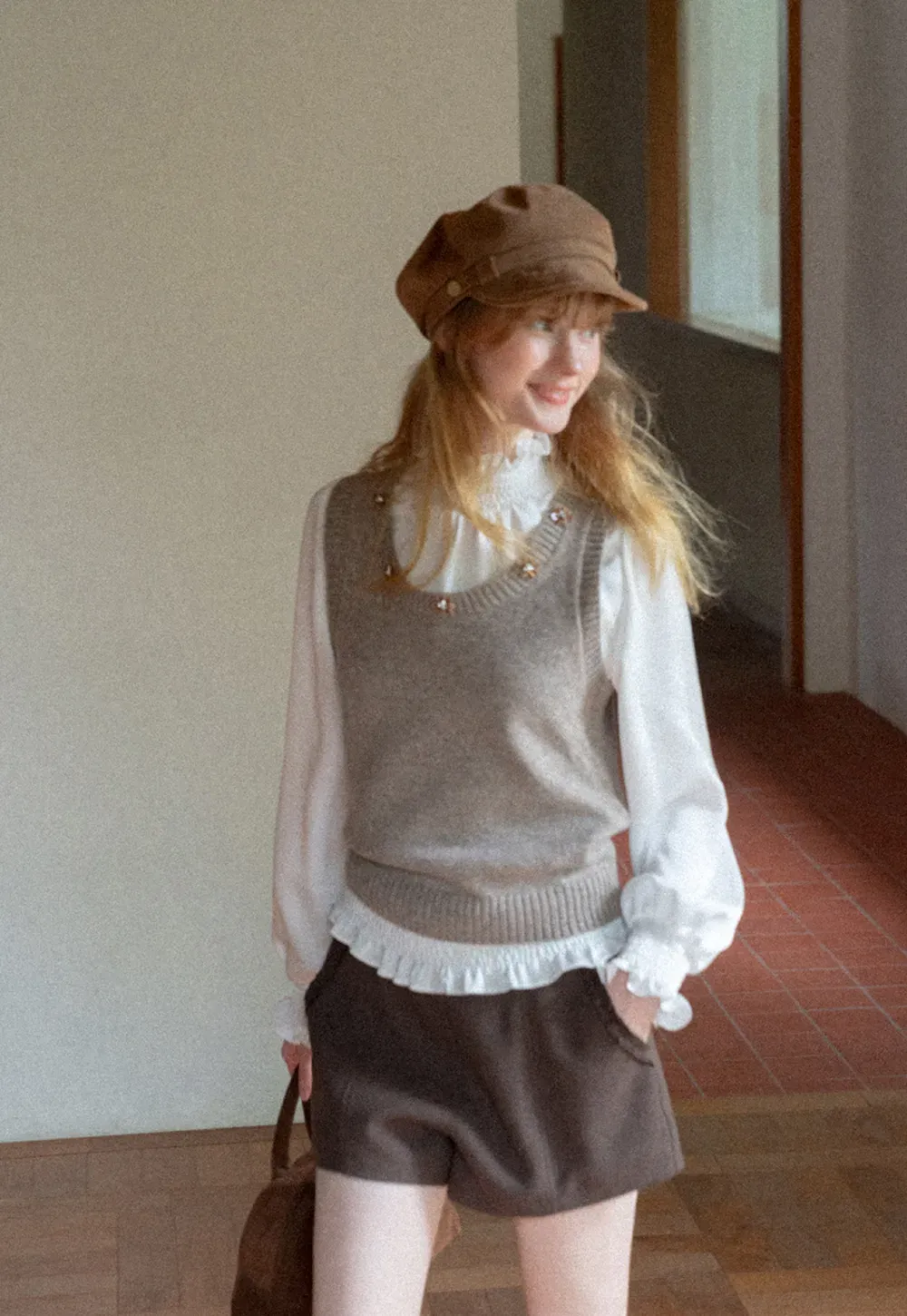Pearl Embellished V Neck Ribbed Hem Knit Vest