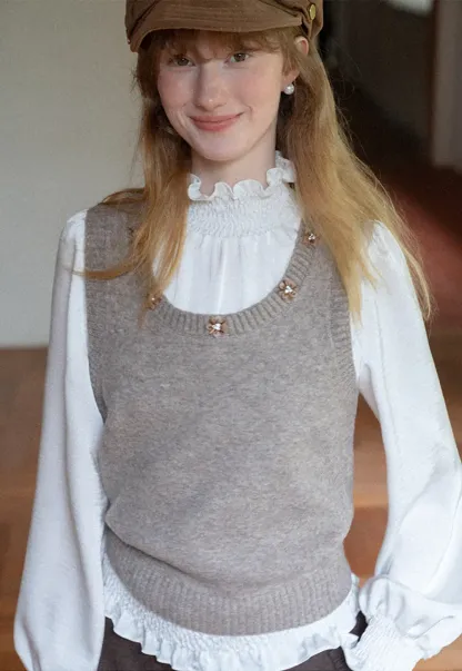 Pearl Embellished V Neck Ribbed Hem Knit Vest