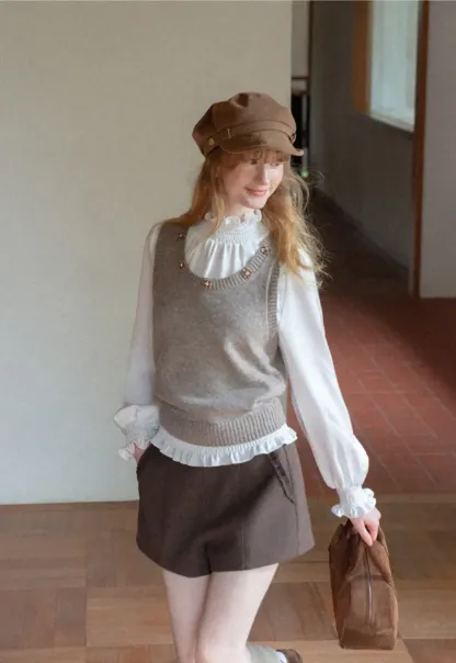 Pearl Embellished V Neck Ribbed Hem Knit Vest