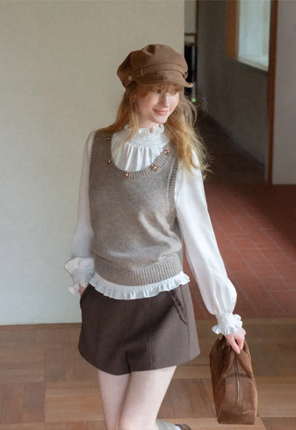 Pearl Embellished V Neck Ribbed Hem Knit Vest