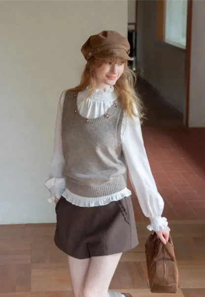 Pearl Embellished V Neck Ribbed Hem Knit Vest
