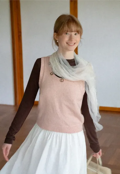 Pearl Embellished V Neck Ribbed Hem Knit Vest