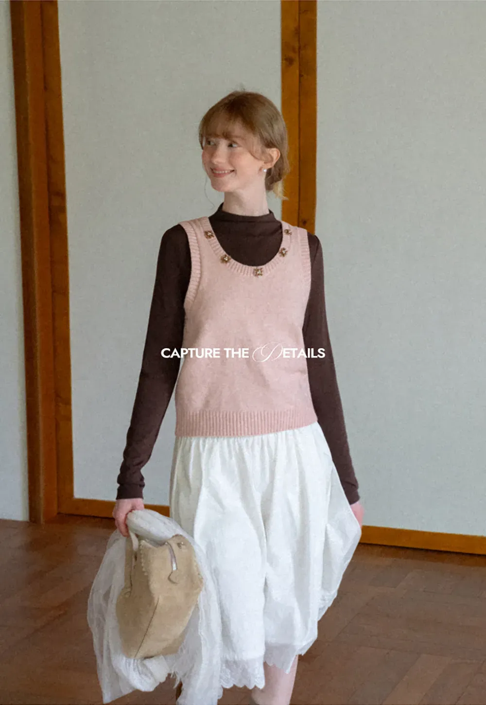 Pearl Embellished V Neck Ribbed Hem Knit Vest