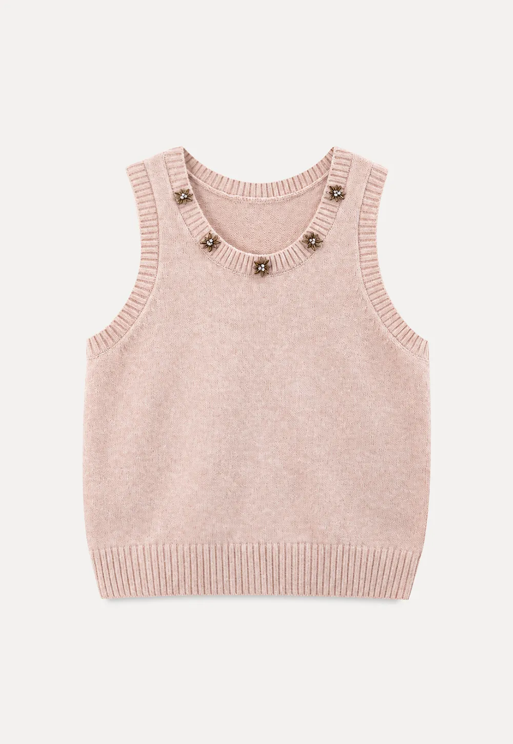 Pearl Embellished V Neck Ribbed Hem Knit Vest