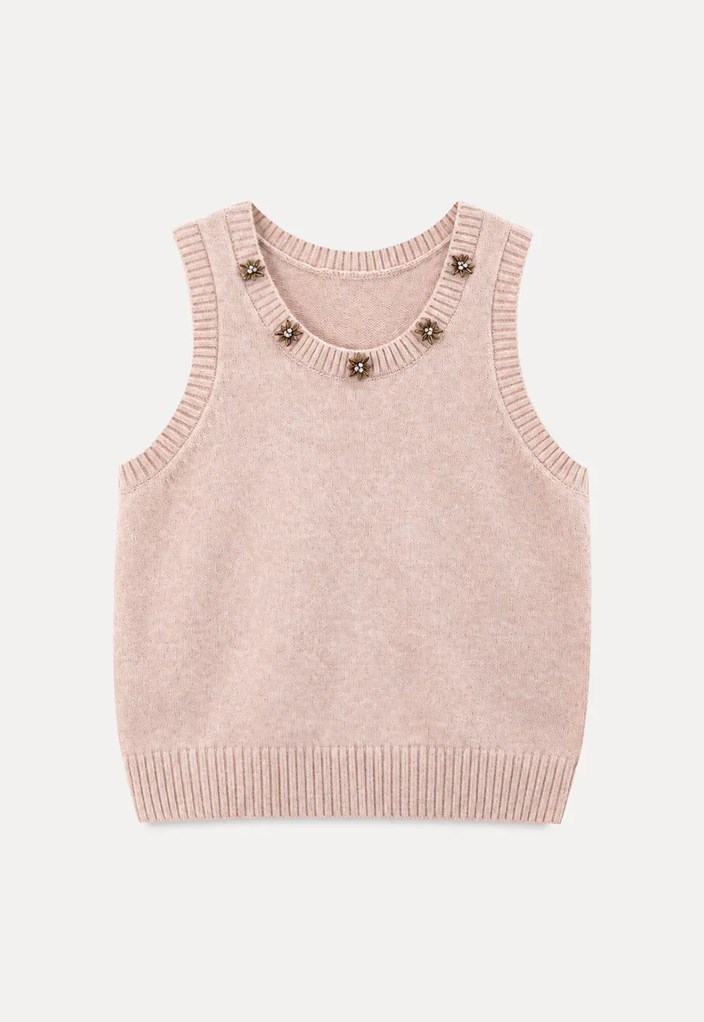 Pearl Embellished V Neck Ribbed Hem Knit Vest