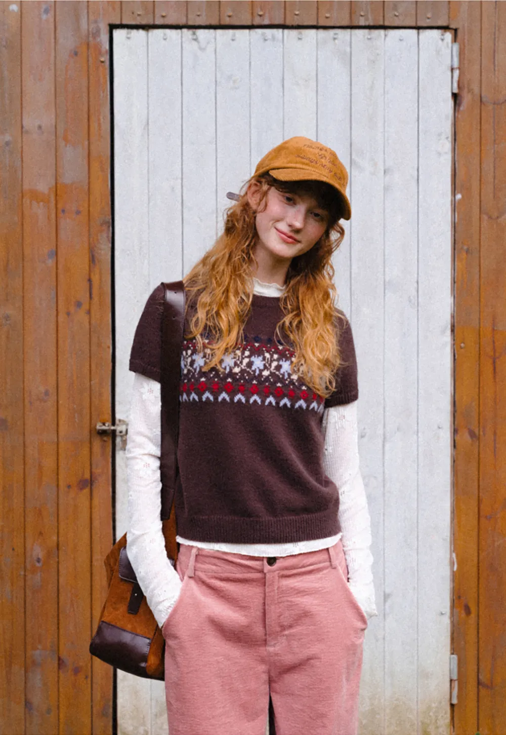 Fair Isle Patterned Short Sleeve Knit Sweater