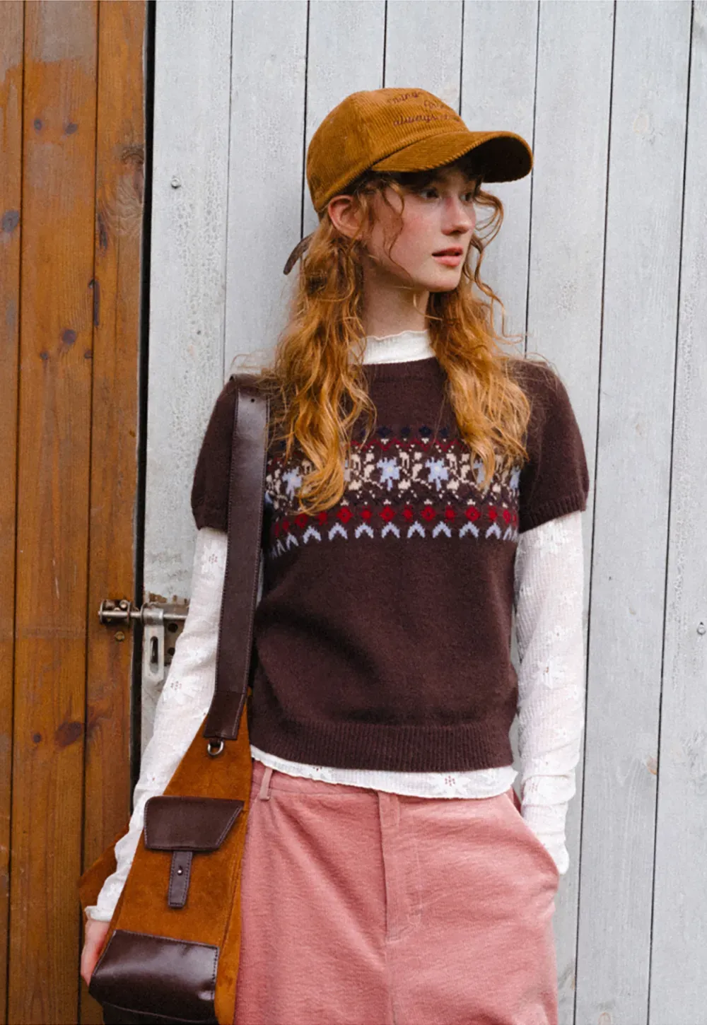 Fair Isle Patterned Short Sleeve Knit Sweater