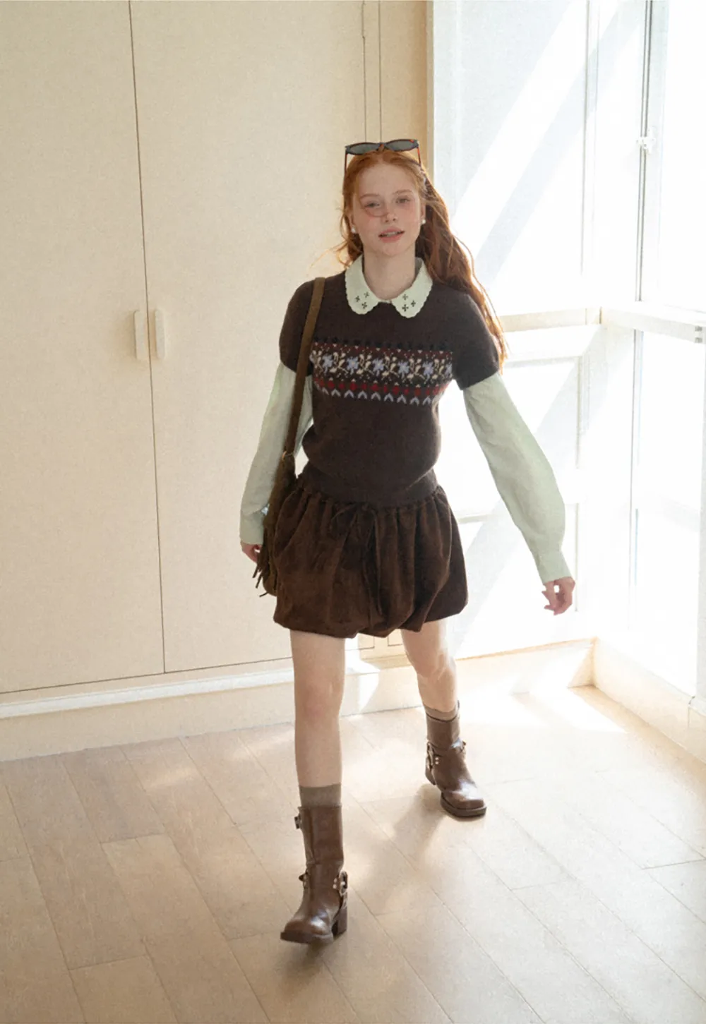 Fair Isle Patterned Short Sleeve Knit Sweater