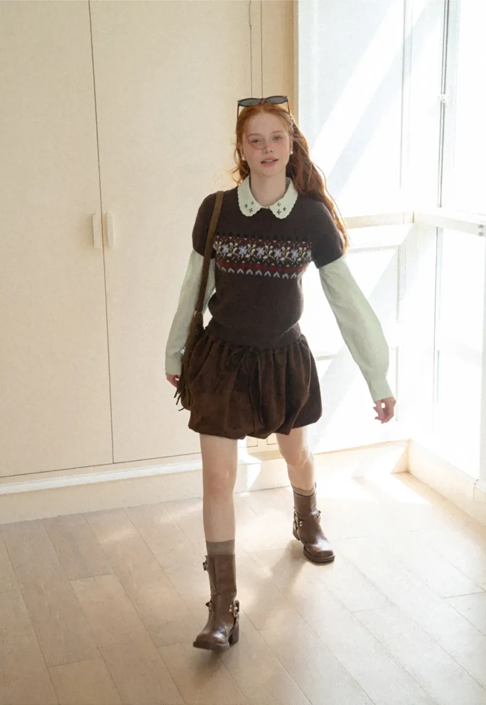 Fair Isle Patterned Short Sleeve Knit Sweater