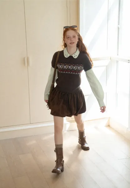 Fair Isle Patterned Short Sleeve Knit Sweater