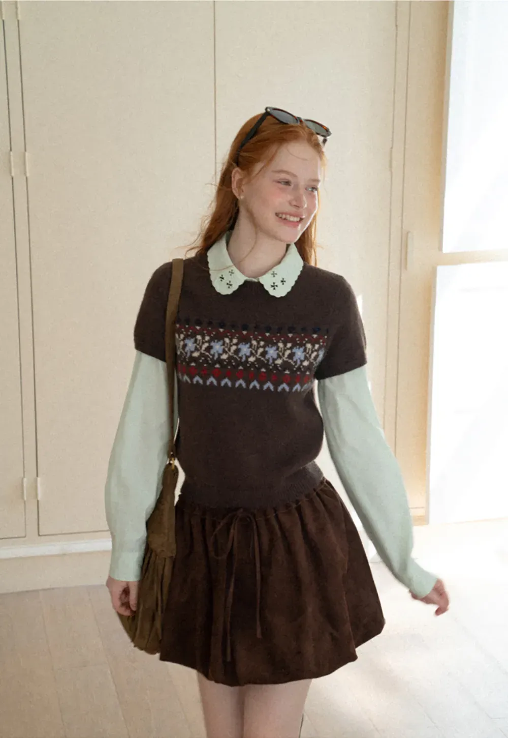 Fair Isle Patterned Short Sleeve Knit Sweater