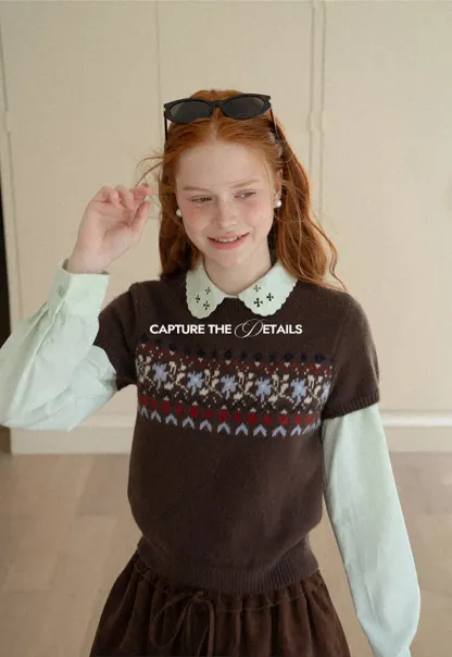 Fair Isle Patterned Short Sleeve Knit Sweater