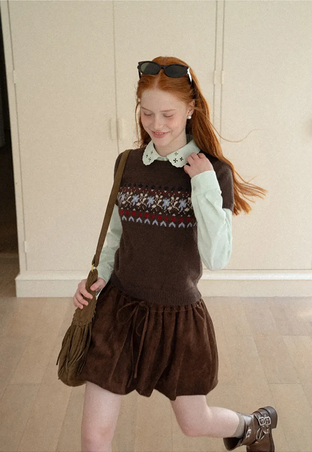 Fair Isle Patterned Short Sleeve Knit Sweater