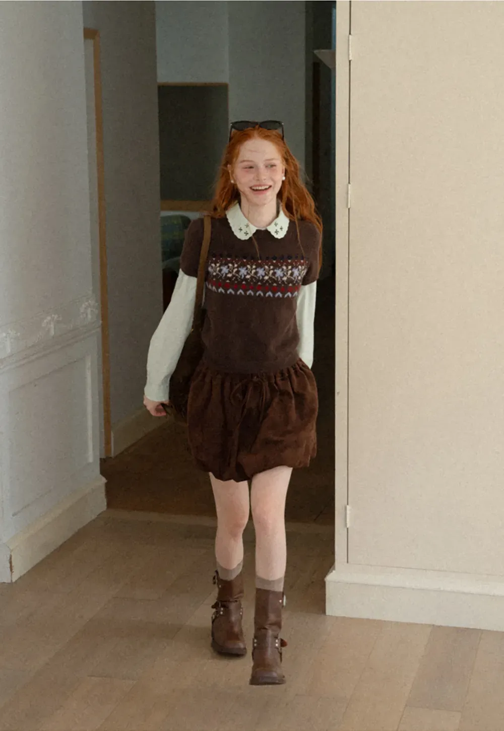Fair Isle Patterned Short Sleeve Knit Sweater
