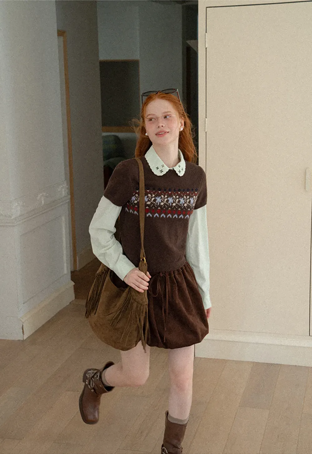 Fair Isle Patterned Short Sleeve Knit Sweater