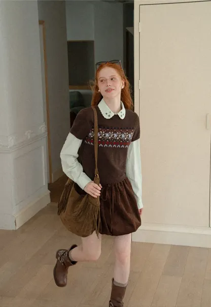 Fair Isle Patterned Short Sleeve Knit Sweater