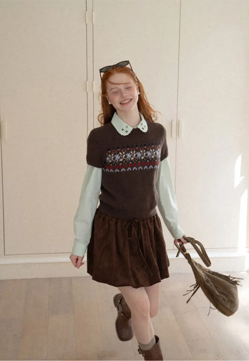 Fair Isle Patterned Short Sleeve Knit Sweater