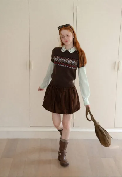 Fair Isle Patterned Short Sleeve Knit Sweater